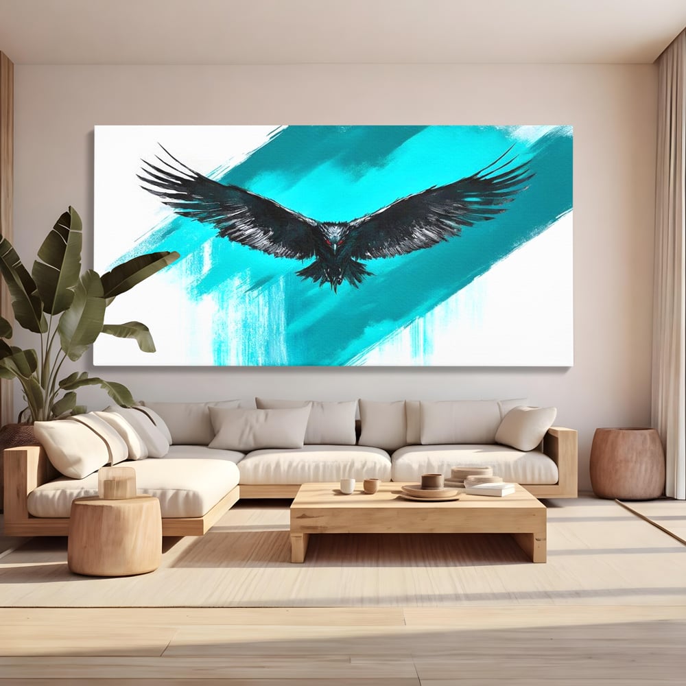 Tablou canvas cu tablou canvas cu vultur in zbor, fara rama, pe sasiu de lemn, pe perete intr-un living